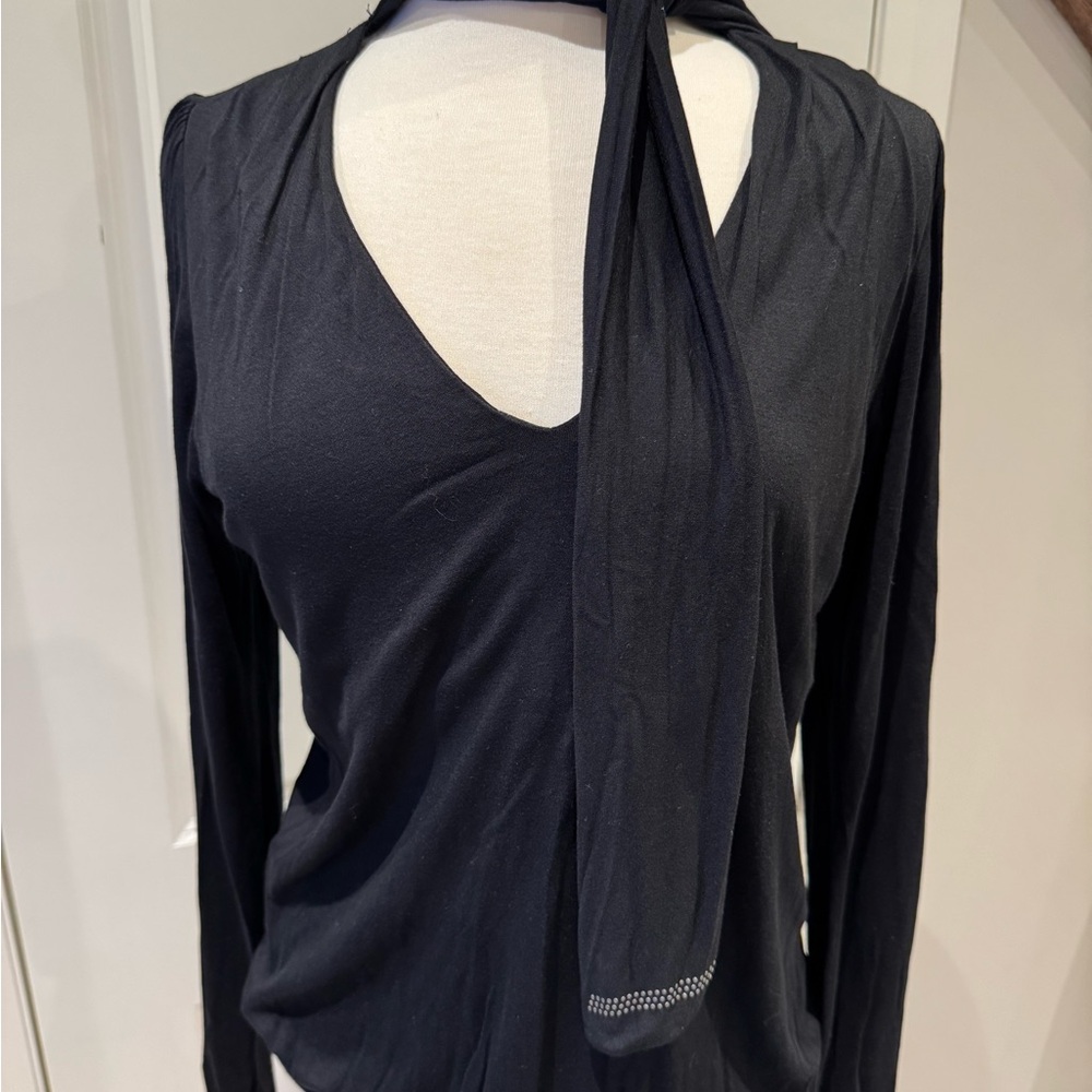 Mexx Black Asymmetrical Tie Front Long Sleeve Blouse